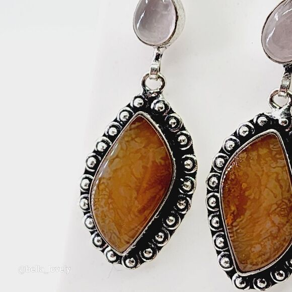 Jasper Rose Quartz Handmade Drop Dangle Earrings Jewelry 2.6" - Picture 10 of 11
